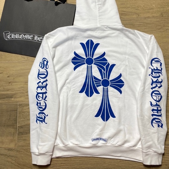 White and blue chrome hearts hoodie Clearance